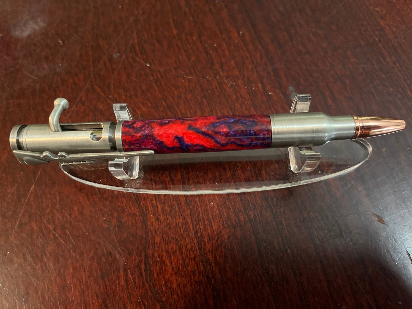 Bolt Action Pen Pewter Red Swirl